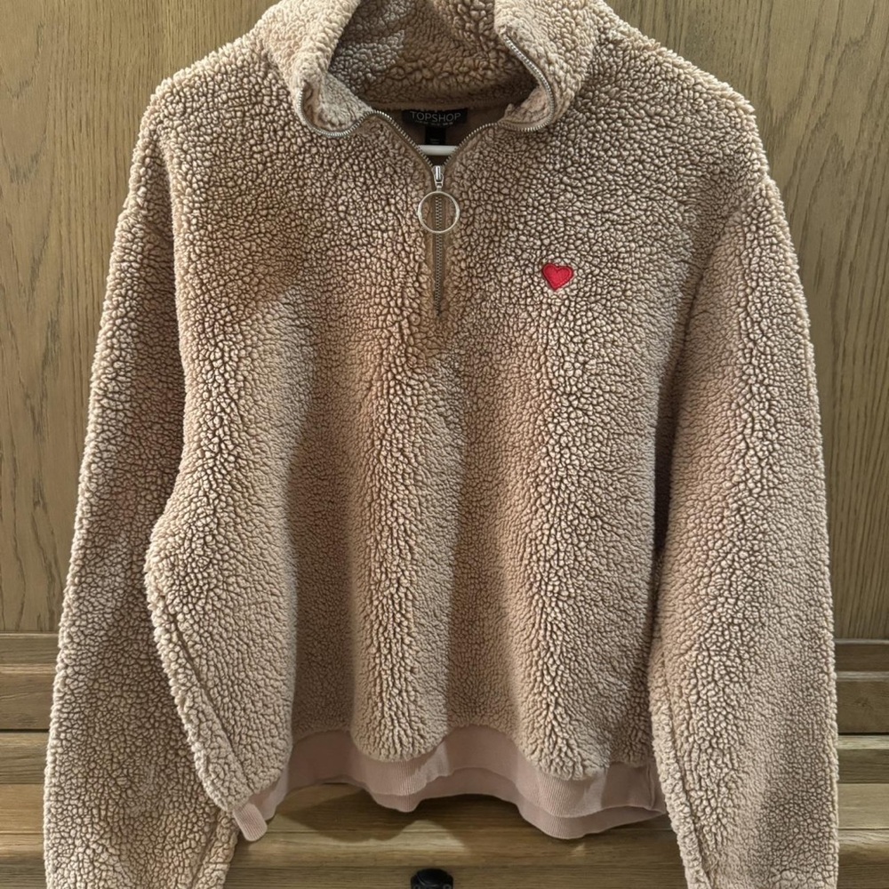 Cozy Tan Sherpa Pullover with Heart Patch